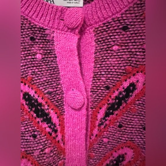 ZARA Pink Jacquard Knit Cardigan with Pompoms Size Large Bloggers Fave 5802/162 - Picture 9 of 14